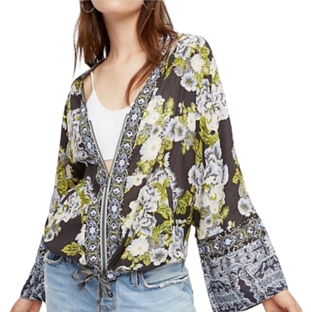 Free People Women's Boho Cinched Wildflower Kimono Full Zip Blouse Sz XS/S - Picture 12 of 16